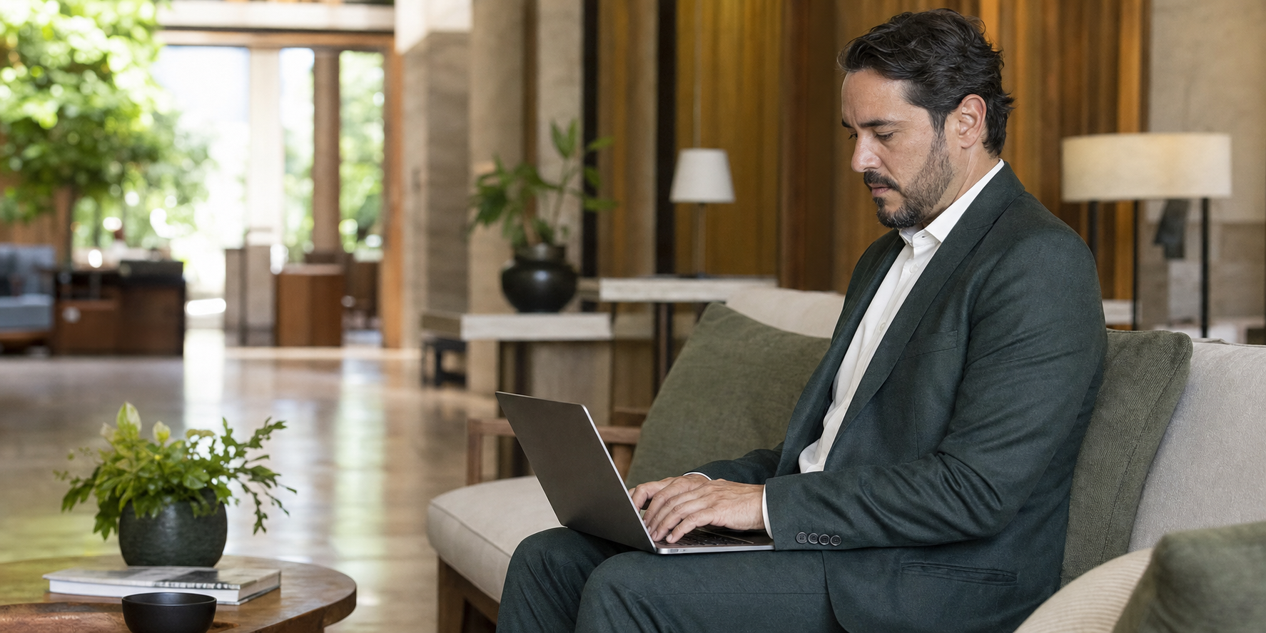 Gestor hoteleiro analisando informações em um notebook no lobby de um hotel contemporâneo